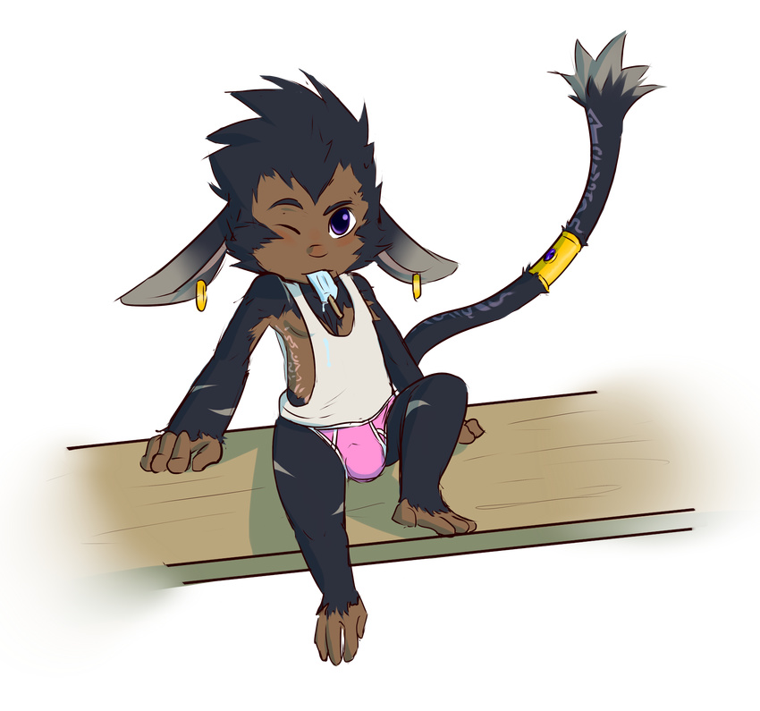 alvaro anthro barefoot big_ears briefs bulge clothing digital_media_(artwork) fan_character food front_view furfit league_of_legends male mammal one_eye_closed pecs pink_underwear popsicle reclining riot_games shirt sitting solo tail_ring tank_top underwear video_games yordle