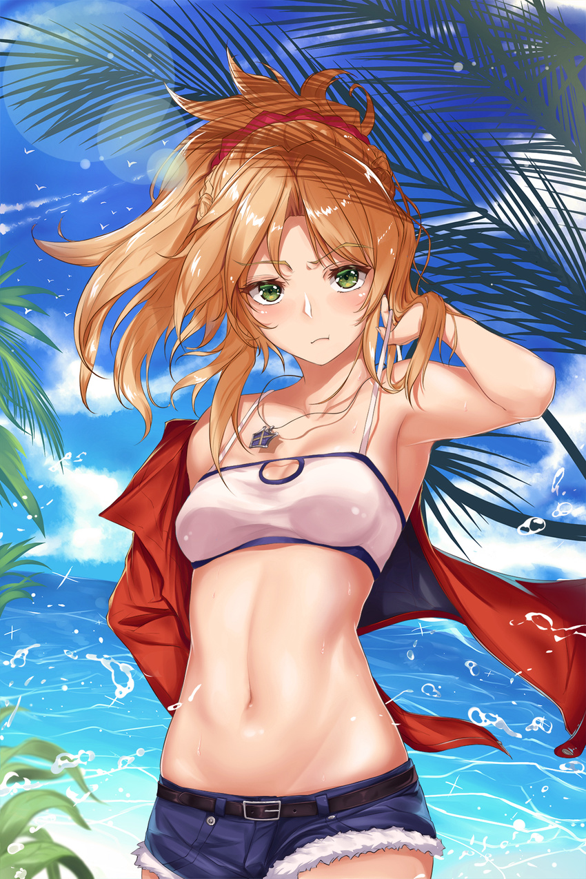 :i armpits beach belt bird blonde_hair blue_sky blush closed_mouth cloud commentary_request day eyebrows_visible_through_hair fate/apocrypha fate_(series) green_eyes highres jacket jewelry konata_(knt_banri) long_hair looking_at_viewer midriff mordred_(fate) mordred_(fate)_(all) navel necklace ocean outdoors pendant revision short_shorts shorts sky solo strap_pull