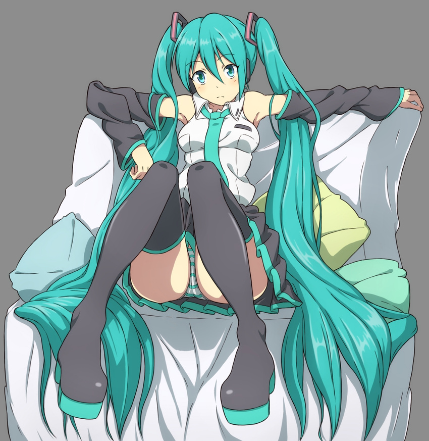 aqua_eyes aqua_hair boots chair detached_sleeves grey_background hatsune_miku knees_up long_hair looking_at_viewer necktie panties pantyshot pantyshot_(sitting) sitting skirt solo striped striped_panties thigh_boots thighhighs twintails underwear very_long_hair vocaloid you_(maumauyo)