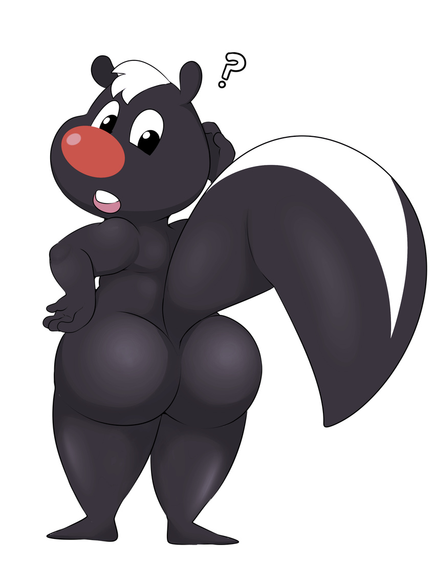 ? alpha_channel anthro barefoot big_butt big_nose butt eroborus hand_on_hip hi_res looking_back male mammal nude open_mouth rear_view simple_background skunk skunk_(skunk_fu) skunk_fu solo standing thick_thighs transparent_background