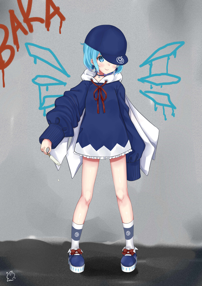 1girl absurdres bad_id bad_pixiv_id baseball_cap blue_eyes blue_footwear blue_hair bow choker cirno dress earrings food full_body hair_ornament hat highres holding hood hoodie jewelry long_sleeves looking_at_viewer popsicle red_string sei_ichi_(shiratamamikan) shoe_bow shoes short_dress short_hair smile socks solo standing string touhou white_legwear