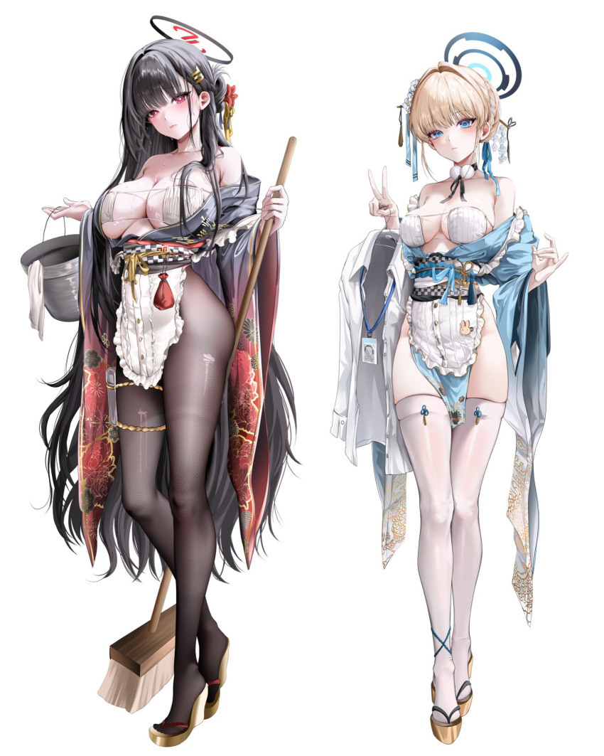 2girls alternate_costume apron bare_shoulders bikini black_choker black_hair black_halo black_kimono black_pantyhose blonde_hair blue_archive blue_eyes blue_hair blue_halo blue_kimono blue_ribbon blush braid breasts bright_pupils bucket choker cleavage closed_mouth clothes_hanger collared_shirt commentary_request doodle_sensei_(blue_archive) dress_shirt expressionless eyepatch_bikini floral_print floral_print_kimono frilled_apron frills full_body furuming1 hair_ornament hair_ribbon hair_stick hairclip hairpin halo highres holding holding_brush holding_bucket japanese_clothes kimono korean_commentary lanyard large_breasts long_hair long_sleeves looking_at_viewer multicolored_hair multiple_girls obi off_shoulder okobo open_clothes open_kimono pantyhose pelvic_curtain platform_sandals pom_pom_(clothes) print_kimono red_eyes ribbon rio_(blue_archive) sandals sash sensei_(blue_archive) shirt short_hair short_kimono simple_background standing streaked_hair sweat swimsuit tachi-e thigh_strap thighhighs toki_(blue_archive) torn_clothes torn_pantyhose v very_long_hair waist_apron white_apron white_background white_bikini white_pupils white_shirt white_thighhighs wide_sleeves