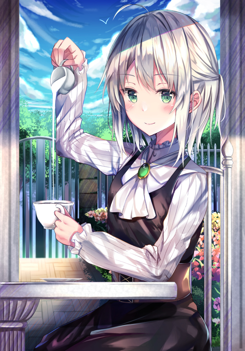 1girl ahoge ascot bird black_dress blush brooch closed_mouth cloud coffee_mug collared_shirt commentary cowboy_shot cup day dress fence flower frilled_shirt_collar frilled_sleeves frills green_eyes grey_hair half_updo highres holding holding_cup jewelry long_sleeves looking_at_viewer milk mug on_chair original outdoors pillar pinafore_dress pouring shirt short_hair sitting sky sleeveless sleeveless_dress smile solo striped_clothes striped_shirt table tsukasa_tsubasa white_ascot white_shirt