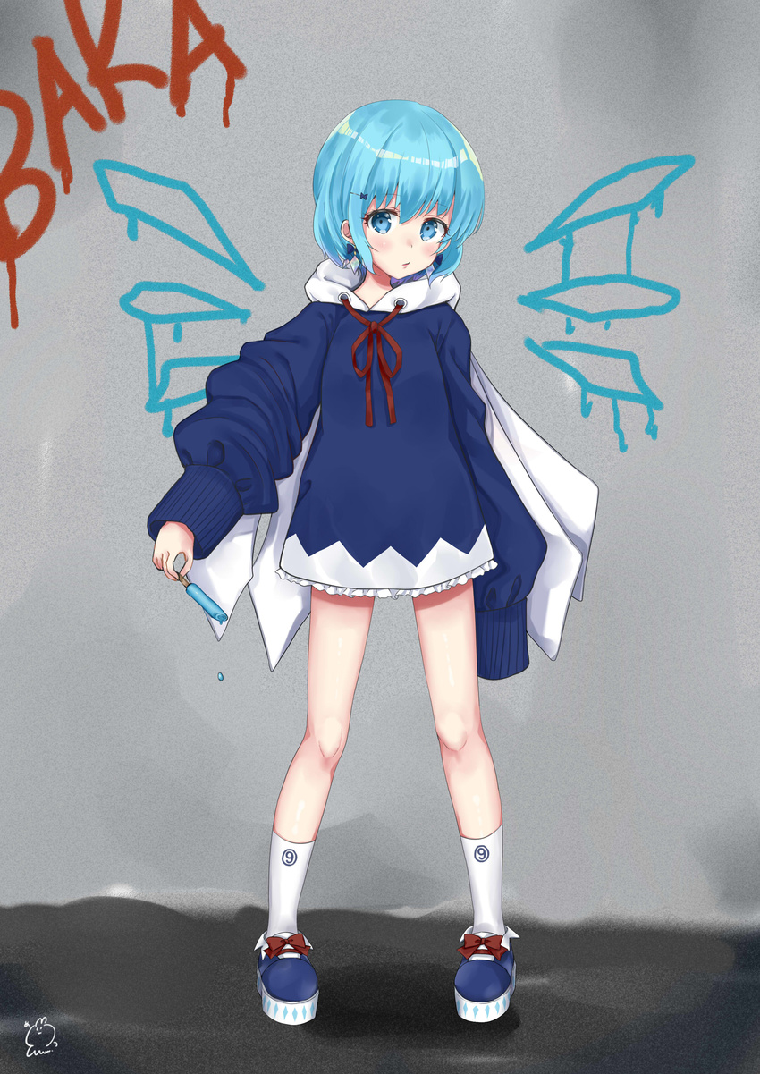 1girl absurdres blue_eyes blue_footwear blue_hair bow choker cirno dress earrings food full_body hair_ornament hairclip highres holding hood hoodie jewelry long_sleeves looking_at_viewer popsicle red_string sei_ichi_(shiratamamikan) shoe_bow shoes short_dress short_hair socks solo standing string touhou white_legwear