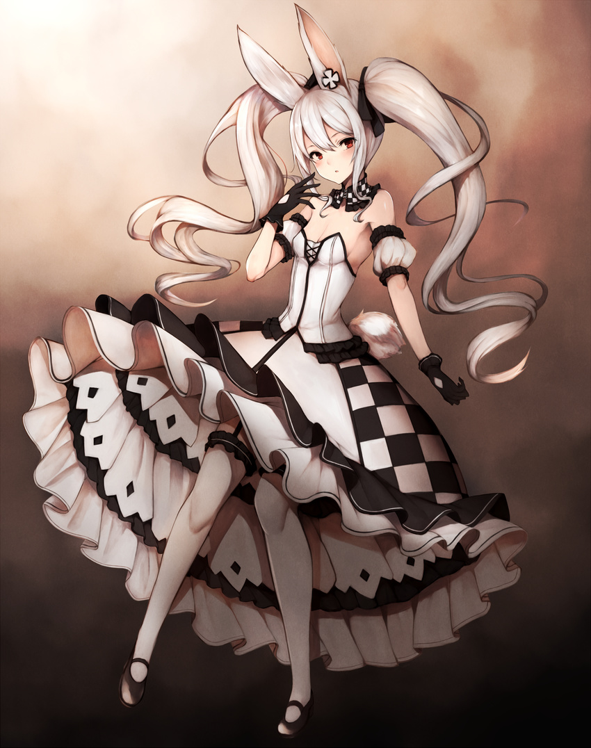 animal_ears bad_id bad_pixiv_id black_gloves breasts bunny_ears bunny_tail checkered cleavage detached_collar dress drill_hair garter_straps gloves hair_between_eyes hair_ornament hair_ribbon highres inaba_sunimi long_hair looking_at_viewer open_mouth original red_eyes revision ribbon silver_hair simple_background small_breasts solo tail thighhighs twin_drills twintails white_legwear