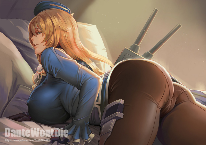 ass atago_(kantai_collection) back-seamed_legwear banned_artist bed_sheet beret black_gloves blonde_hair blush breasts brown_legwear covered_nipples gloves green_eyes gun hat huge_breasts kantai_collection long_hair lying md5_mismatch military military_uniform on_stomach open_mouth pantyhose pillow seamed_legwear solo uniform weapon yinan_cui