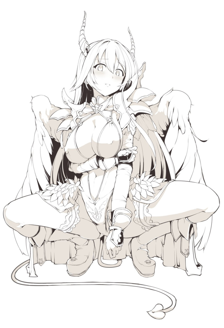 bangs breast_hold breasts demon_horns demon_tail eyebrows_visible_through_hair feathered_wings fujy greyscale hair_between_eyes highleg highleg_leotard highres horns large_breasts leotard long_hair looking_at_viewer monochrome navel sennen_sensou_aigis shoes shoulder_armor simple_background solo sophie_(sennen_sensou_aigis) spaulders squatting tail tareme thighhighs vambraces white_background wings