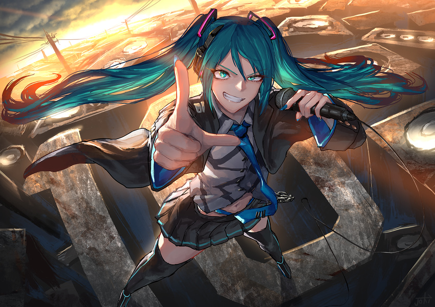 amplifier anniversary aqua_eyes aqua_hair blazer blue_hair cityscape commentary_request grin hatsune_miku headphones jacket kanjou_jouki long_hair looking_at_viewer magical_mirai_(vocaloid) microphone nail_polish necktie pointing pointing_at_viewer scenery skirt smile solo sunrise teeth telephone_pole thighhighs vocaloid