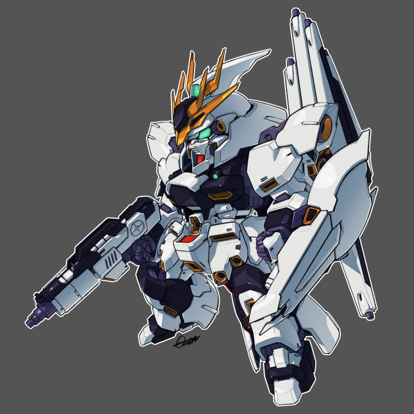 beam_rifle char's_counterattack chibi commentary energy_gun fin_funnels fusion green_eyes grey_background gun gundam highres holding holding_gun holding_weapon korean_commentary mecha mobile_suit no_humans nu_gundam robot sazabi science_fiction sd_gundam shield signature solo toilobo v-fin weapon