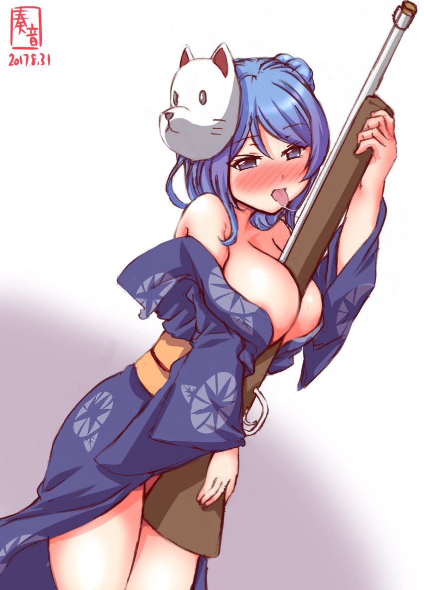 blue_eyes blue_hair breasts collarbone commentary_request dated double_bun gun highres japanese_clothes kanon_(kurogane_knights) kantai_collection kimono large_breasts licking looking_at_viewer off_shoulder rifle saliva saliva_trail sexually_suggestive tongue urakaze_(kantai_collection) weapon yukata