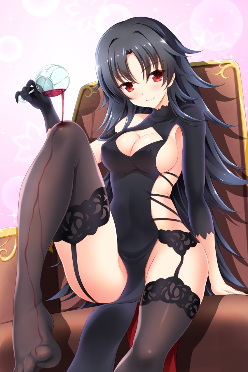 alcohol arm_support armchair asymmetrical_sleeves bangs bashen_chenyue black_dress black_hair black_legwear blush breasts chair character_request cleavage cleavage_cutout closed_mouth covered_nipples cup dress drinking_glass erect_nipples eyebrows_visible_through_hair feet garter_belt hair_between_eyes head_tilt highres holding holding_cup knee_up large_breasts legs long_sleeves my_16_love no_shoes parted_bangs pelvic_curtain pouring red_eyes sideboob sidelocks single_sleeve sitting smile solo thighhighs toes wine wine_glass