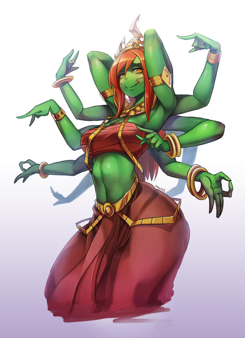 :q armlet armpits arms_behind_head artist_name bandeau belt bracelet crown gold green_skin highres indian_clothes jewelry kengzeta long_hair long_skirt looking_at_viewer multiple_arms navel necklace red_hair red_skirt sarashi skirt smile solo stomach tongue tongue_out tossakan yellow_eyes