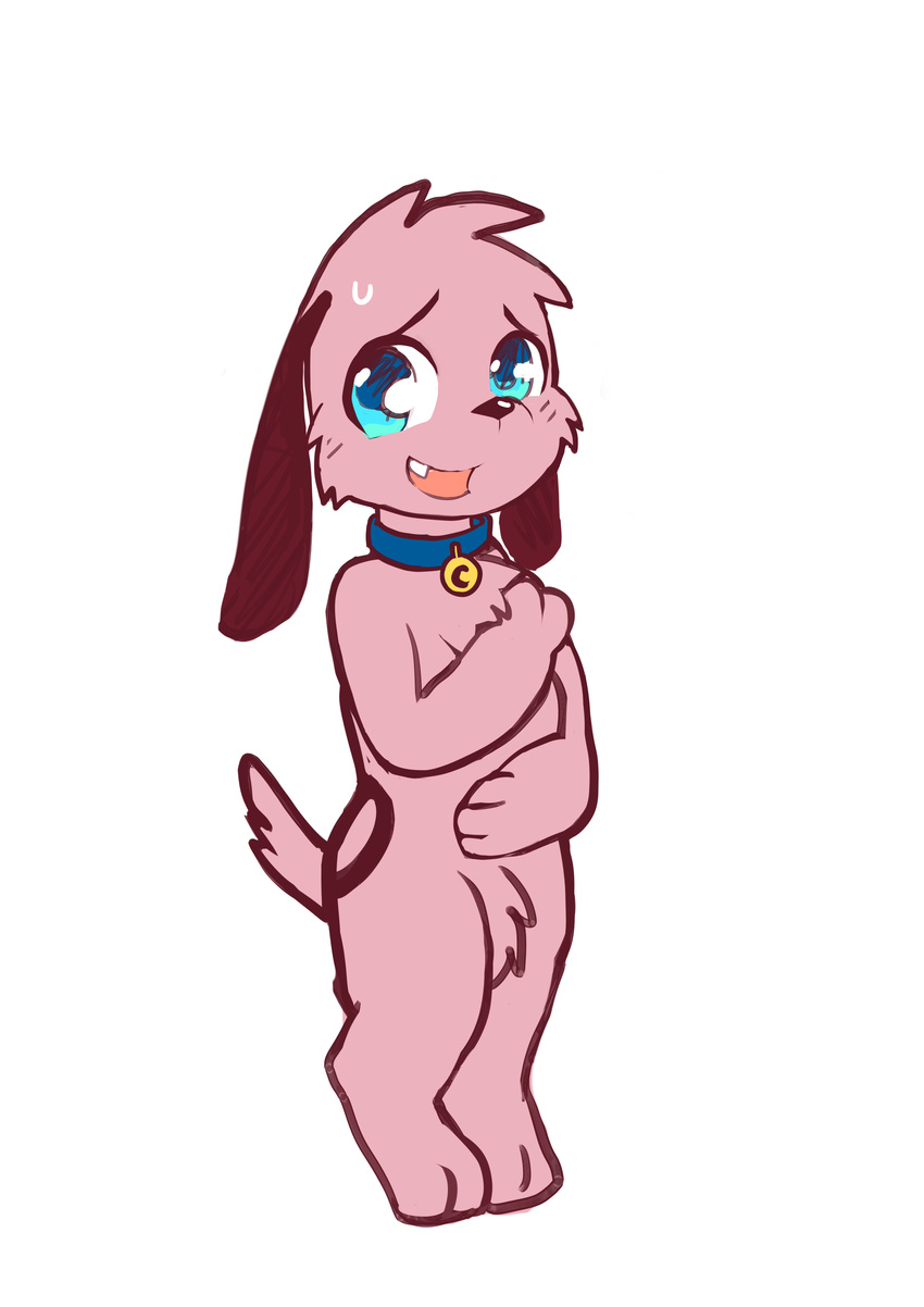 anthro blue_eyes blush canine cartoon_network collar courage courage_the_cowardly_dog dog fur looking_at_viewer male mammal nude open_mouth pink_fur shy simple_background smile solo standing tongue whiteleo