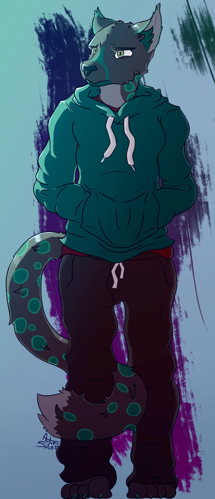 2017 anthro autumn_sins barefoot black_fur black_nose blue_hoodie claws countershading feline full_body fur green_eyes invalid_color invalid_tag leopard male mammal red_shirt simple_background spots standing track worried