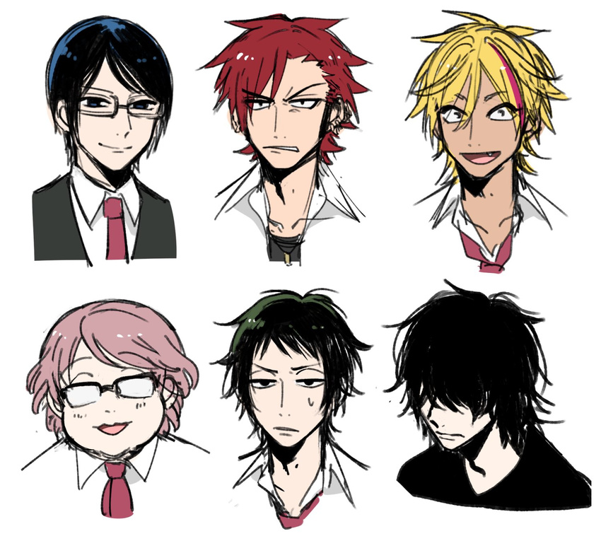 akagami_(konkichi) aotsuki_(konkichi) black_(konkichi) black_hair blonde_hair blue_(konkichi) blue_hair commentary_request cropped_neck dark_skin dark_skinned_male fang fat glasses green_(konkichi) green_hair gyaruo hair_over_eyes highres konkichi_(flowercabbage) kousaka_(konkichi) kurosu_(konkichi) kurumizawa_(konkichi) looking_at_viewer male_focus multicolored_hair multiple_boys necktie opaque_glasses original pink_(konkichi) pink_hair red_(konkichi) red_hair simple_background smile streaked_hair sweatdrop tabuchi_(konkichi) tsurime white_background yellow_(konkichi)