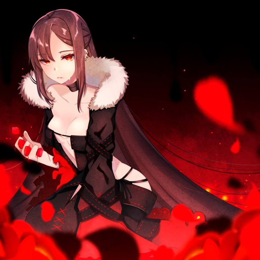 1girl bangs black_dress blurry breasts brown_hair center_opening collarbone consort_yu_(fate) crying dress fate/grand_order fate_(series) flower fur fur_collar highres large_breasts long_hair looking_at_viewer petals ponita red_eyes red_flower revealing_clothes sidelocks solo tears very_long_hair