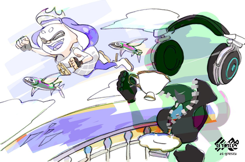 black_gloves blue_hair closed_eyes cloud commentary crop_top crown cup domino_mask drinking fangs fingerless_gloves flying flying_fish gloves headphones hime_(splatoon) iida_(splatoon) inoue_seita invisible logo mask mole mole_under_mouth multiple_girls official_art open_mouth pantyhose partially_unzipped smile splatoon_(series) splatoon_2 teacup tentacle_hair