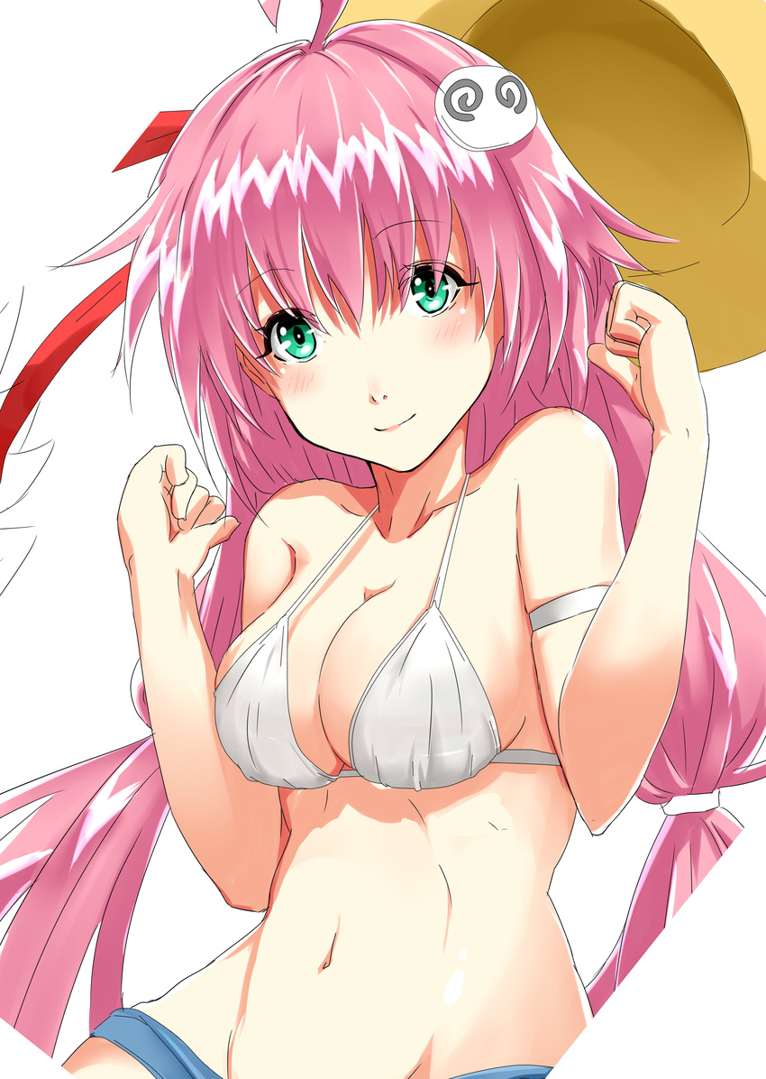 absurdres ahoge arm_ribbon bangs bikini bikini_top blush breasts chikkinage_nage cleavage closed_mouth collarbone eyebrows_visible_through_hair green_eyes hair_ornament hair_ribbon hat highres lala_satalin_deviluke large_breasts long_hair looking_at_viewer low-tied_long_hair navel peke pink_hair ribbon simple_background smile solo standing straw_hat swimsuit to_love-ru upper_body white_background white_bikini