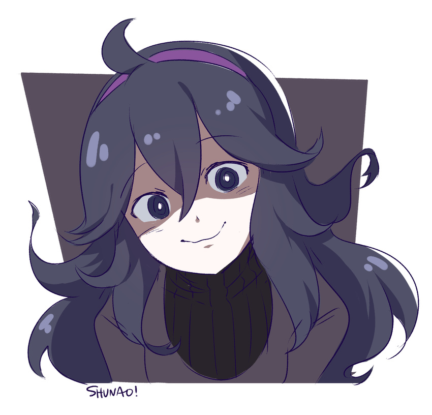 1girl @_@ ahoge al_bhed_eyes artist_name blush eyebrows_visible_through_hair hair_ornament headband hex_maniac_(pokemon) highres long_hair looking_at_viewer matching_hair/eyes pokemon pokemon_xy purple_background purple_eyes purple_hair purple_sweater shunao signature simple_background smile solo sweater text turtleneck turtleneck_sweater two-tone_background upper_body white_background