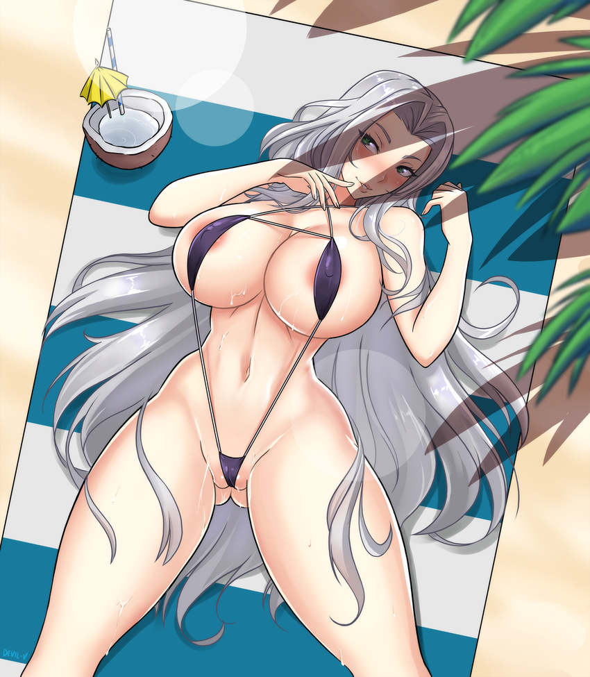 1girl areola_slip areolae bikini blush breasts curvy devil-v female gensou_suikoden highres huge_breasts jeane nipples silver_hair sling_bikini solo thick_thighs thighs wide_hips