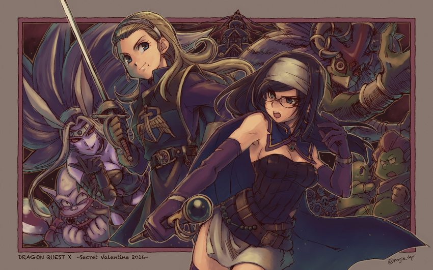 3girls :o anlucea belt black_hair blonde_hair blue_eyes bracelet breasts cape character_request cleavage copyright_name dragon_quest dragon_quest_x dwarf_(dq10) elbow_gloves gloves hairband highres jewelry long_hair looking_at_viewer medium_breasts mole mole_under_mouth monster_girl multiple_boys multiple_girls purple_gloves purple_hair purple_skin rapier runana_(dq10) side_slit skirt smirk sovacha spiked_hair strapless sword tabard tower wand weapon