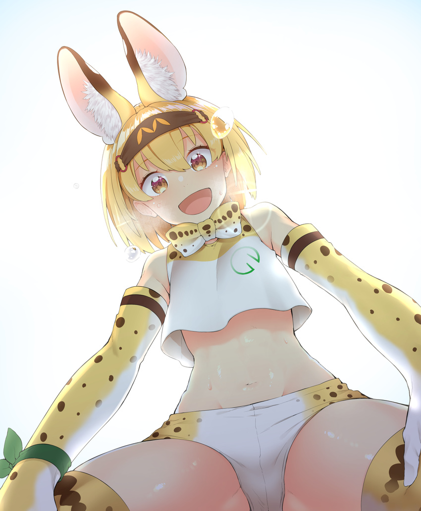 :d animal_ears backlighting blush bow bowtie breath crop_top crop_top_overhang elbow_gloves excited extra_ears from_below gloves green_ribbon hair_between_eyes headband heavy_breathing highres japan_racing_association kemono_friends logo looking_at_viewer midriff navel open_mouth pov print_gloves print_legwear print_neckwear ribbon serval_(kemono_friends) serval_ears serval_girl serval_print shiny shiny_skin shirt sleeveless sleeveless_shirt smile solo sparkling_eyes sportswear wrist_ribbon yellow_bow yellow_neckwear yuzuhoge