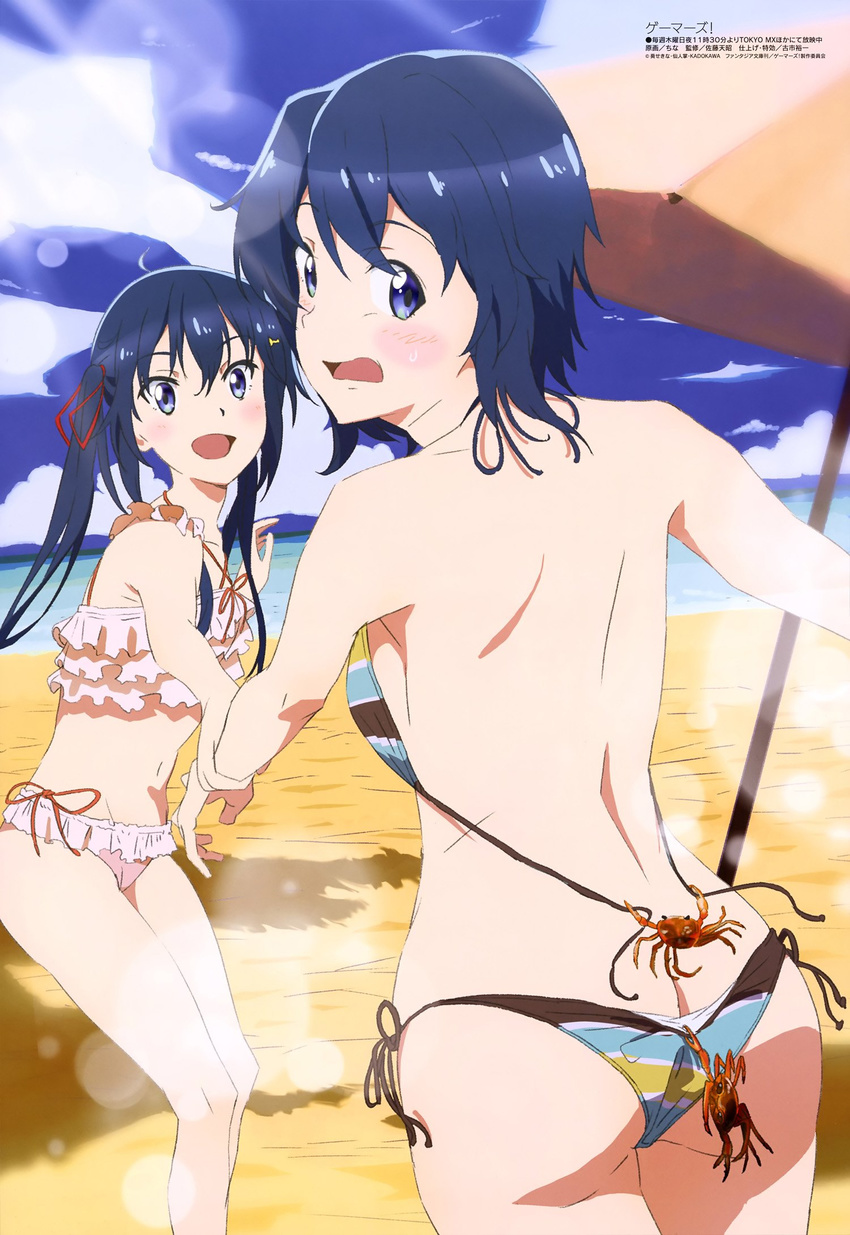 :d ass beach bikini bikini_pull black_hair blue_eyes breasts china_(animator) crab day frilled_bikini frills gamers! hair_between_eyes hair_ornament hair_ribbon highres hoshinomori_chiaki hoshinomori_konoha looking_at_viewer looking_back medium_breasts multiple_girls ocean open_mouth outdoors red_ribbon ribbon short_hair siblings side-tie_bikini sideboob sisters sky smile standing swimsuit twintails untied untied_bikini white_bikini