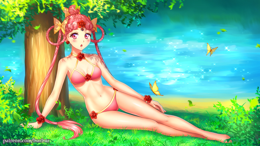 :o amazons_quartet bare_shoulders bikini bishoujo_senshi_sailor_moon blush bow bracelet breasts breasts_apart bug burbur butterfly cerecere_(sailor_moon) choker day grass hair_bun hair_ribbon hair_rings insect jewelry long_hair looking_at_viewer nature open_mouth outdoors pink_bikini pink_eyes pink_hair red_eyes ribbon scenery sitting small_breasts solo swimsuit tree twintails under_tree water yellow_bow
