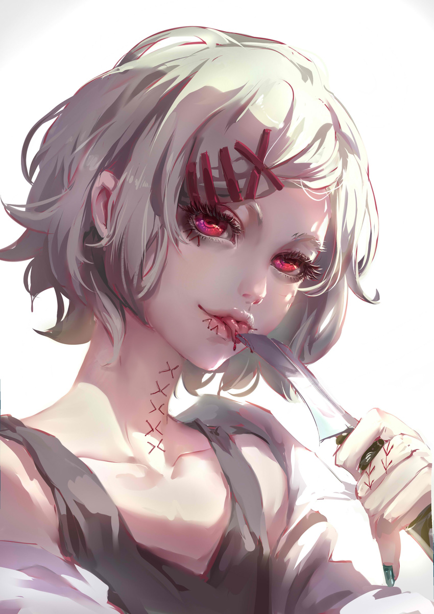 absurdres blood eyelashes face hair_ornament hairclip highres knife licking lips looking_at_viewer male_focus neck piercing red_eyes solo stitches suzuya_juuzou tank_top tokyo_ghoul tokyo_ghoul:re tongue tongue_out white_hair yuiko_(yuiko33miao)