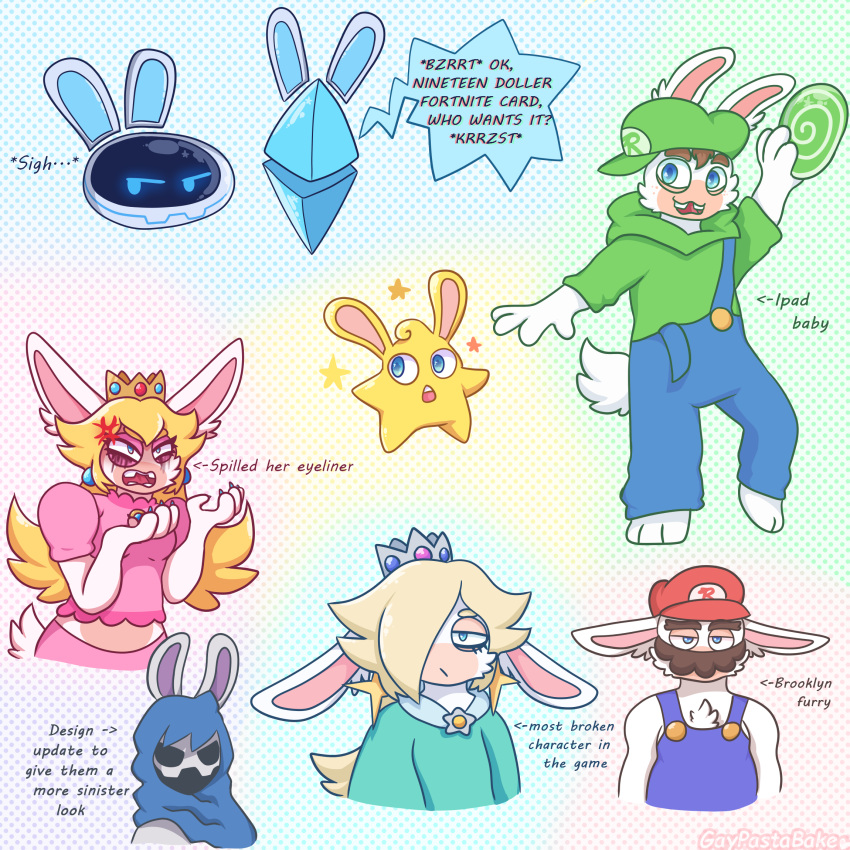 1:1 3_toes 4_fingers angry anthro armless artist_name beep-0 black_eyeliner blonde_eyebrows blue_body blue_claws blue_cloak blue_clothing blue_ear_piercing blue_eyes blue_inner_ear blue_overalls bottomwear brown_eyebrows brown_facial_hair brown_mustache buckteeth button_(fastener) claws cloak clothed clothed_anthro clothed_female clothed_male clothing colored cross-popping_vein crossover crown dialogue digital_drawing_(artwork) digital_media_(artwork) directional_arrow dress ear_tuft ears_down english_description english_text eyebrows eyelashes eyeless eyeliner facial_hair featureless_arms featureless_legs feet female female_anthro finger_claws fingers floating_ears fluffy fluffy_tail frisbee fully_clothed fully_clothed_anthro fully_clothed_female fully_clothed_male fur furrowed_brow furrowed_eyebrows gaypastabake green_clothing green_hat green_headwear green_shirt green_topwear group hair hair_over_eye half-closed_eyes hat headgear headwear hi_res holding_frisbee hooded_cloak jeanie_(mario_plus_rabbids) lagomorph legless light lighting long_ears machine makeup male male_anthro mammal mario_bros mario_plus_rabbids_kingdom_battle midriff mouthless multiple_images mustache narrowed_eyes nintendo noseless on_one_leg open_mouth open_smile overalls pink_bottomwear pink_clothing pink_eyelids pink_inner_ear pink_mouth pink_shirt pink_topwear pivoted_ears purple_inner_ear rabbid rabbid_luigi rabbid_mario rabbid_peach rabbid_rosalina raving_rabbids rayman_(series) red_clothing red_hat red_headwear red_tongue robot screen screen_face scut_tail shaded shirt shirtless_anthro shirtless_male short_tail sideways_hat sigh simple_background sketch_page smile spark_(mario_plus_rabbids) speech_bubble squint standing star_(shape) star_ear_ring starburst_(mario_plus_rabbids) stooge_(mario_plus_rabbids) tail tan_body tan_eyelids tan_inner_ear tan_skin teal_clothing teal_dress teeth text toes tongue topwear tuft ubisoft white_body white_fur white_mask white_tail yellow_body yellow_skin