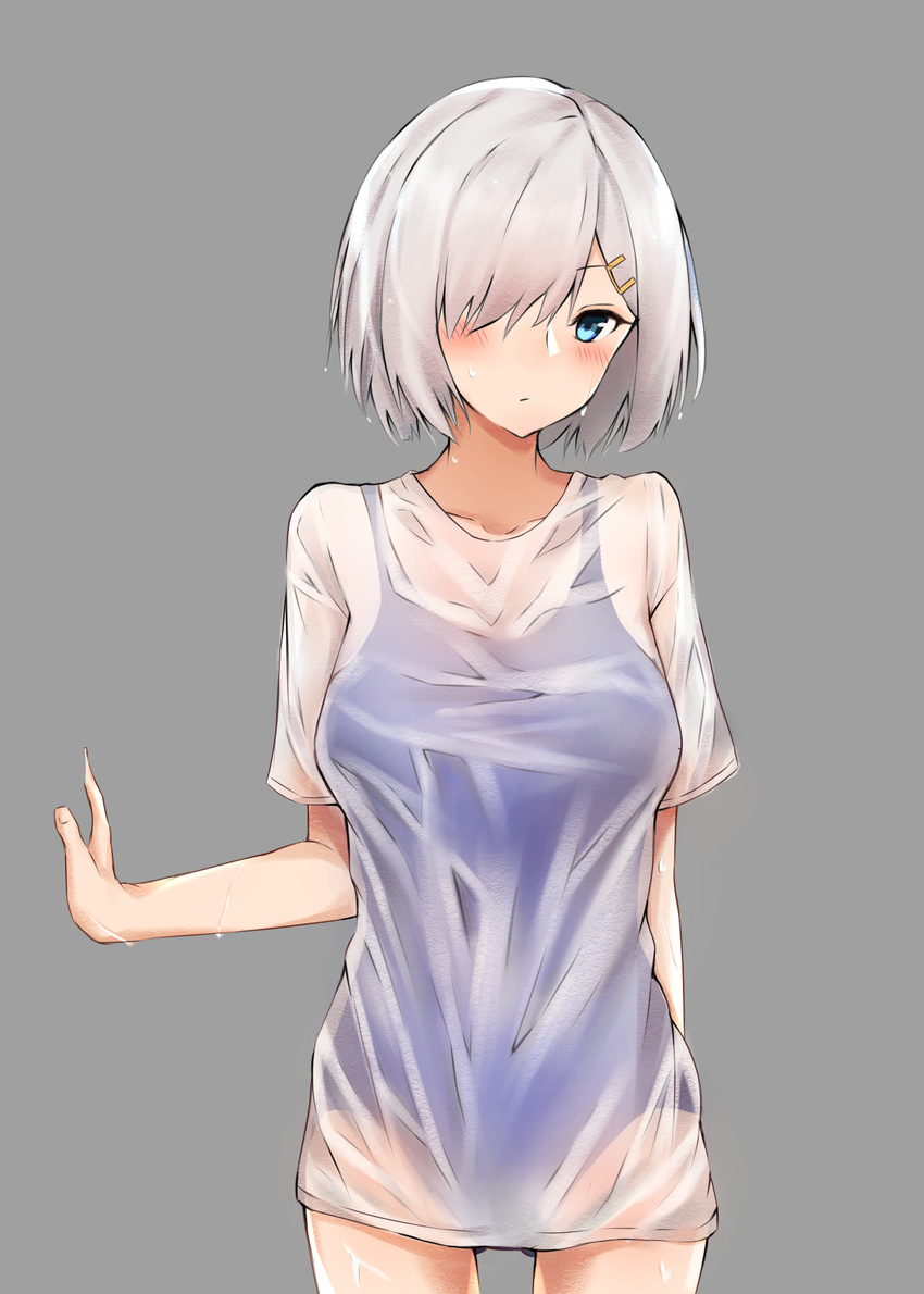 blue_eyes blue_swimsuit blush breasts competition_school_swimsuit grey_background hair_ornament hair_over_one_eye hairclip hamakaze_(kantai_collection) highres kantai_collection large_breasts looking_at_viewer one-piece_swimsuit poisonousgas shirt short_hair silver_hair simple_background solo swimsuit swimsuit_under_clothes wet wet_clothes wet_shirt