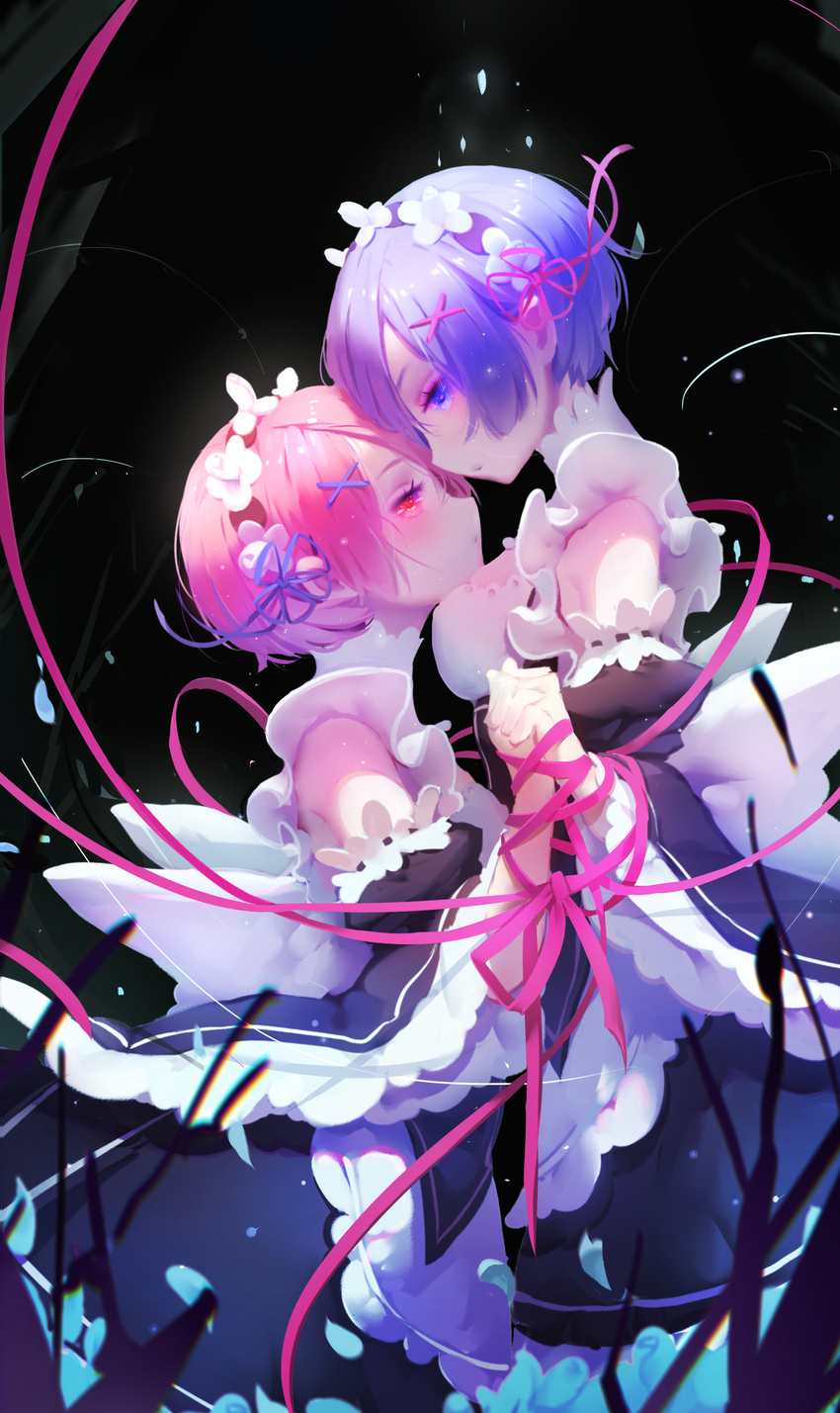 absurdres bare_shoulders blue_eyes blue_hair blue_ribbon breasts chin_rest detached_sleeves eyelashes frilled_sleeves frills from_side hair_ornament highres holding_hands incest interlocked_fingers looking_at_another looking_at_viewer maid maid_headdress medium_breasts multiple_girls petals pink_hair pink_ribbon ram_(re:zero) re:zero_kara_hajimeru_isekai_seikatsu red_eyes rem_(re:zero) ribbon ribbon-trimmed_clothes ribbon_trim short_hair siblings sisters twins underbust x_hair_ornament yuiko_(yuiko33miao) yuri