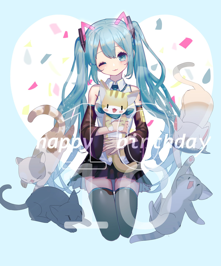 absurdres animal black_legwear black_skirt blue_eyes blue_hair blue_neckwear blush bunuojiang cat closed_mouth fish happy_birthday hatsune_miku highres holding holding_animal long_hair looking_at_viewer necktie one_eye_closed skirt smile solo thighhighs twintails vocaloid