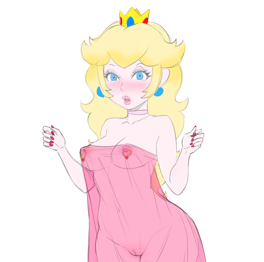 1girl areolae blonde_hair blue_eyes blush breasts collar covered_navel crown earrings lips lm_(legoman) long_hair looking_at_viewer nail_polish nintendo nipple_piercing nipples princess_peach pussy see-through solo super_mario_bros. white_background