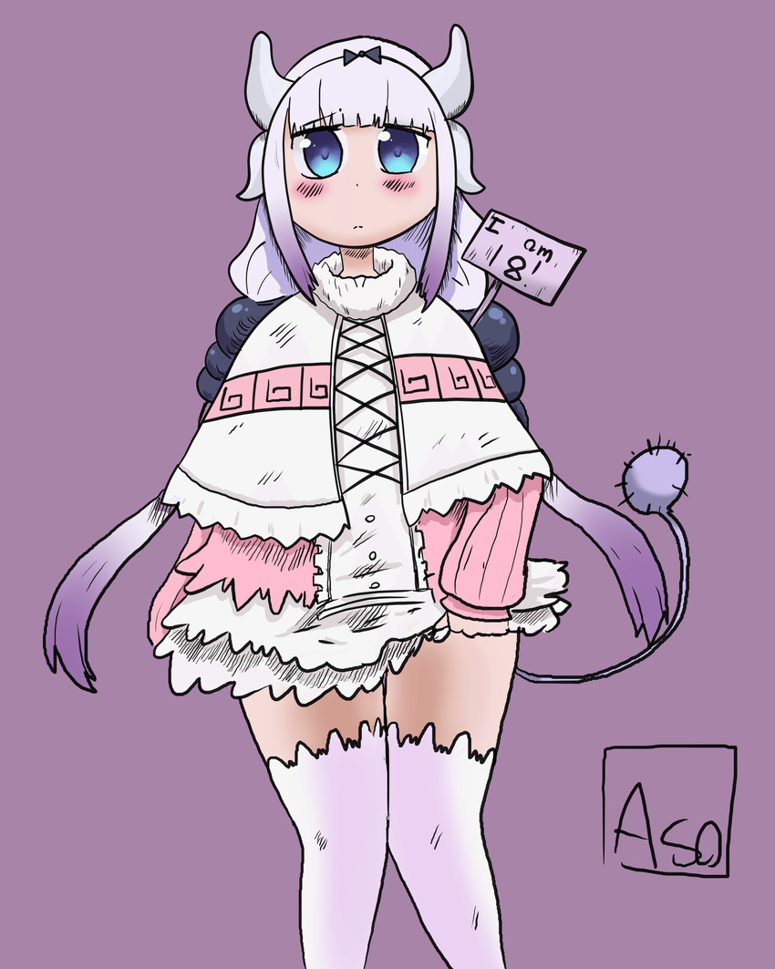 animal_humanoid anime asomium blush clothing dragon dragon_humanoid female horn humanoid invalid_tag legwear mammal miss_kobayashi's_dragon_maid pulling_up_skirt sign solo stockings thigh_highs