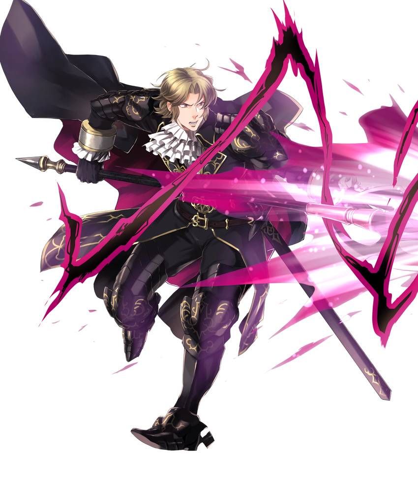 armor armored_boots blonde_hair boots brown_eyes camus electricity fire_emblem fire_emblem:_monshou_no_nazo fire_emblem_heroes full_body gloves highres male_focus official_art open_mouth polearm solo spear suekane_kumiko sword teeth transparent_background weapon