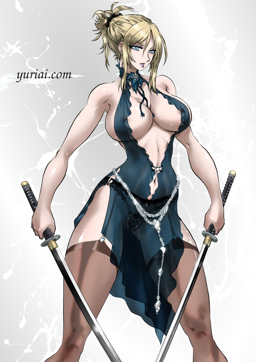 1girl blonde_hair breasts dress huge_breasts nina_williams no_bra solo tekken yuri_ai