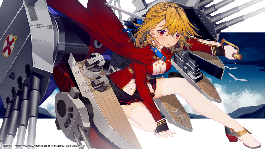 artist_name azur_lane bangs between_legs black_skirt blue_sky blush braid breasts brown_hair cloak closed_mouth cloud cloudy_sky commentary_request copyright_name crown_braid day hair_between_eyes hand_between_legs highres holding holding_sword holding_weapon kneeling large_breasts long_sleeves looking_at_viewer military military_uniform outdoors pleated_skirt prince_of_wales_(azur_lane) prophet_chu red_eyes reverse_grip rigging skirt sky solo sparkle sword thighhighs thighs turret uniform watermark weapon web_address white_legwear