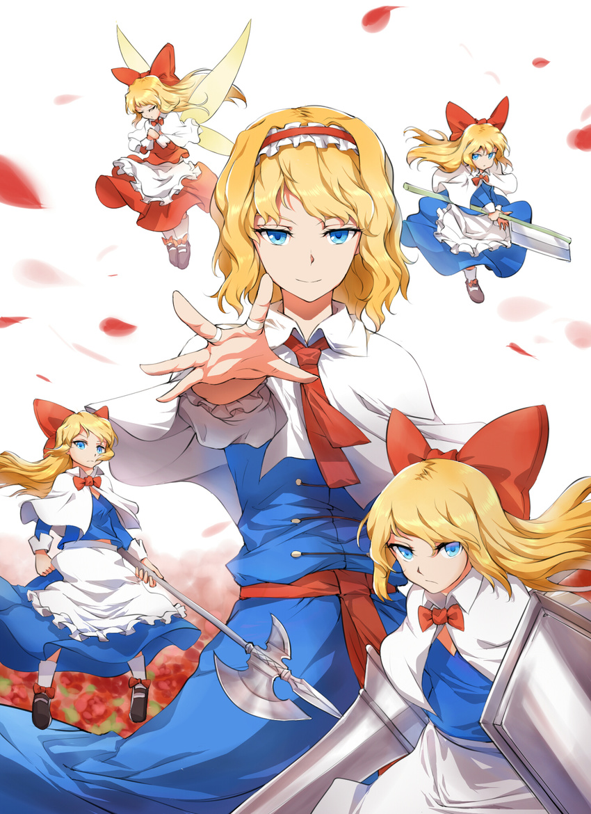 :| alice_margatroid apron blonde_hair blue_dress blue_eyes blurry bow capelet closed_mouth cowboy_shot depth_of_field dress expressionless floral_background flower glaive hair_blowing hair_bow hairband halberd highres hourai_doll htangt lance lolita_hairband long_hair looking_at_viewer mary_janes outstretched_hand petals polearm puffy_short_sleeves puffy_sleeves puppet_rings red_flower red_rose rose sash shanghai_doll shield shoe_bow shoes short_hair short_sleeves simple_background socks solo touhou v-shaped_eyebrows waist_apron weapon white_background white_legwear