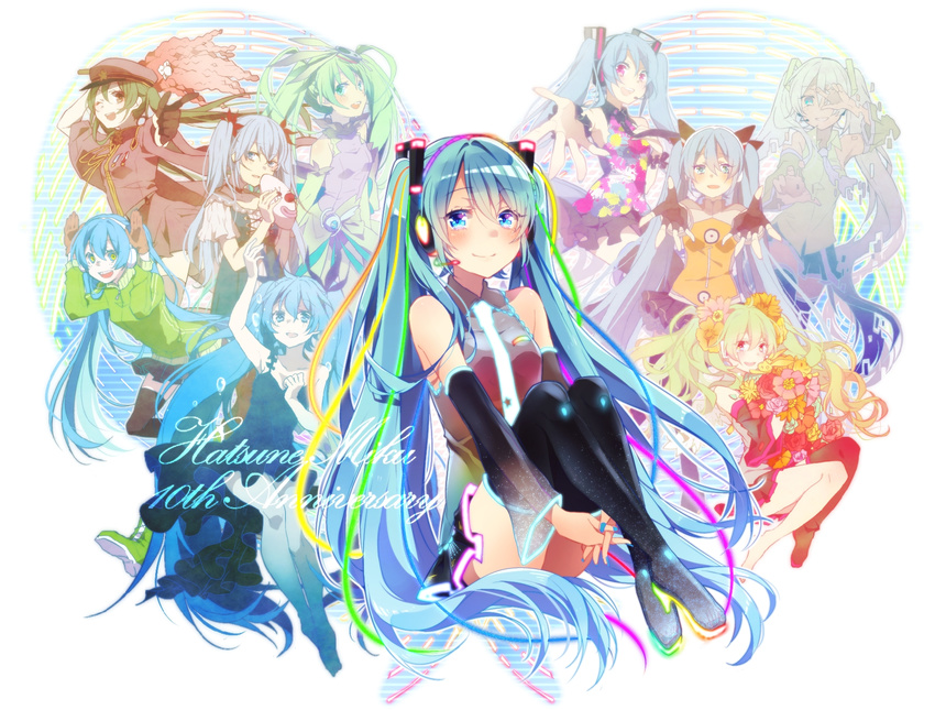 ai_kotoba_ii_(vocaloid) anniversary asagao_minoru bangs black_skirt blue_eyes blue_nails blue_neckwear blush character_name closed_mouth commentary_request crossed_legs detached_sleeves eyebrows_visible_through_hair floating_hair glowing hatsune_miku hatsune_miku_no_shoushitsu_(vocaloid) headphones headset highres karakuri_pierrot_(vocaloid) knees_up leg_hug long_hair looking_at_viewer matryoshka_(vocaloid) multiple_girls multiple_persona nail_polish necktie odds_&amp;_ends_(vocaloid) pleated_skirt senbon-zakura_(vocaloid) shinkai_shoujo_(vocaloid) sitting skirt smile solo_focus songover spica_(vocaloid) tareme tears tell_your_world_(vocaloid) thighs twintails vocaloid