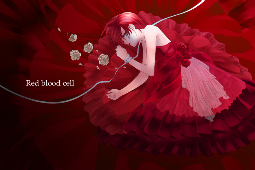 ae-3803 alternate_costume bare_shoulders bou_(maimoca501) dress flower hataraku_saibou lying on_side red red_blood_cell_(hataraku_saibou) red_dress rose solo