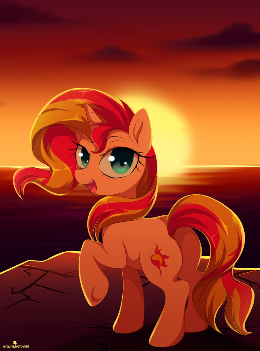 2017 blue_eyes cutie_mark equestria_girls equine eyelashes female feral hair hi_res hooves horn long_hair looking_at_viewer mammal momomistress multicolored_hair multicolored_tail my_little_pony open_mouth solo sunset sunset_shimmer_(eg) two_tone_hair underhoof unicorn