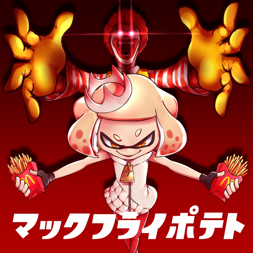crown domino_mask dress fingerless_gloves gloves highres hime_(splatoon) looking_at_viewer mask mcdonald's mini_crown mole mole_under_mouth pantyhose red_background red_hair ronald_mcdonald simple_background sleeveless sleeveless_dress smile sparkling_eyes splatoon_(series) splatoon_2 suika_(blueberry998) text_focus translated white_hair white_skin yellow_eyes yellow_gloves zipper