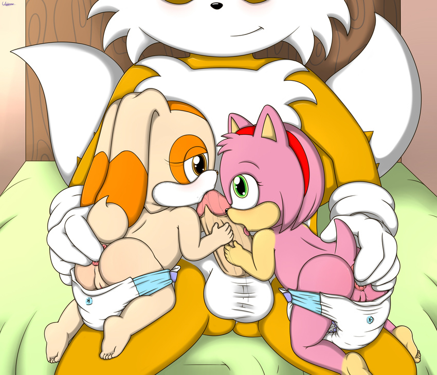 amy_rose anal anal_fingering anthro anus baby balls bed canine cream_the_rabbit cub diaper female fingering fox hedgehog lagomorph male mammal miles_prower oral penis precum pussy rabbit sitting sonic_(series) unistar young