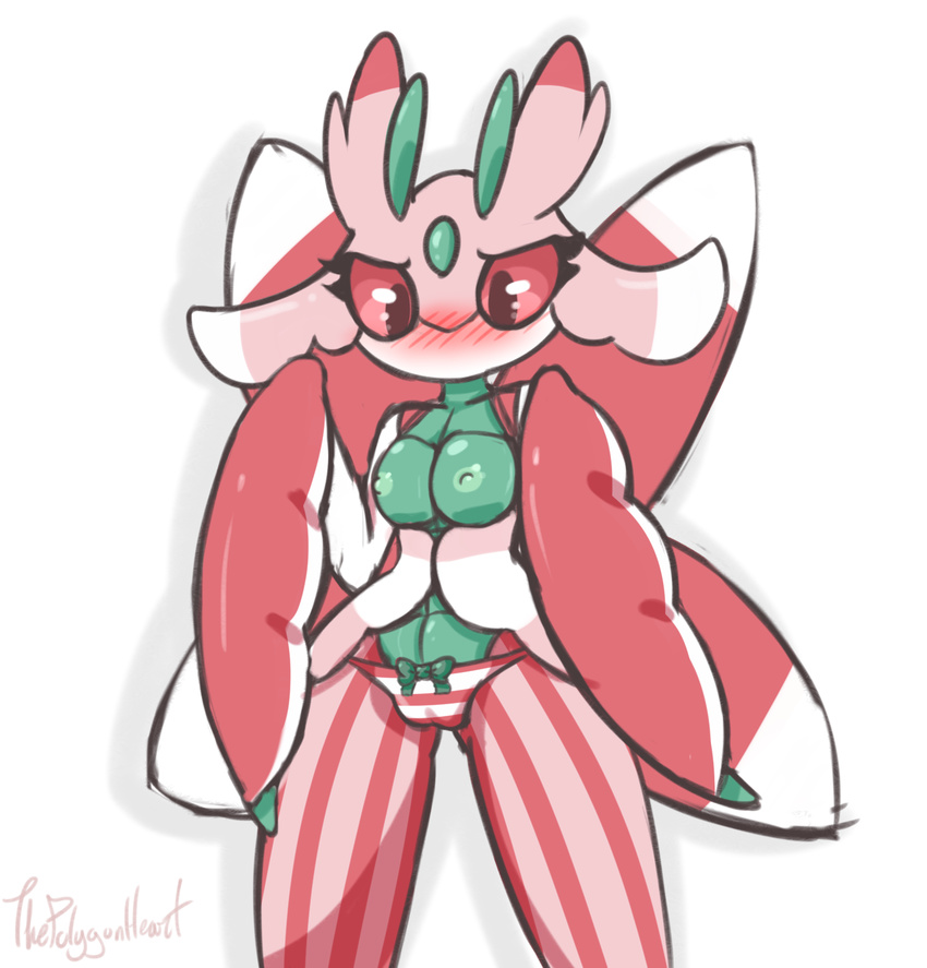 2016 blush breasts camel_toe clothing edit female feral green_body hi_res lurantis nintendo nipples panties pink_body pok&eacute;mon red_body red_eyes red_pupils simple_background solo thepolygonheart underwear video_games white_body