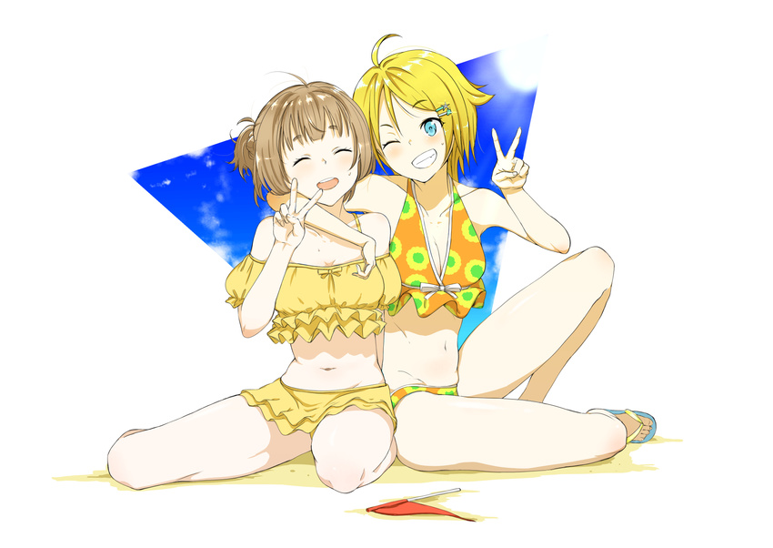 ;) ^_^ ahoge arm_around_neck bangs bare_shoulders bikini blonde_hair blue_eyes blue_sky blush bouen braid breasts brown_hair closed_eyes cloud cloudy_sky collarbone commentary_request day eyebrows_visible_through_hair facing_viewer flag flip-flops french_braid frilled_bikini frills grin hair_flaps hair_ornament hairclip hand_up highres knee_up light_rays looking_at_another multiple_girls navel nonohara_hime one_eye_closed one_side_up open_mouth sandals short_hair sitting sky small_breasts smile sunbeam sunlight swimsuit teeth thighs tokyo_7th_sisters tsunomori_rona v