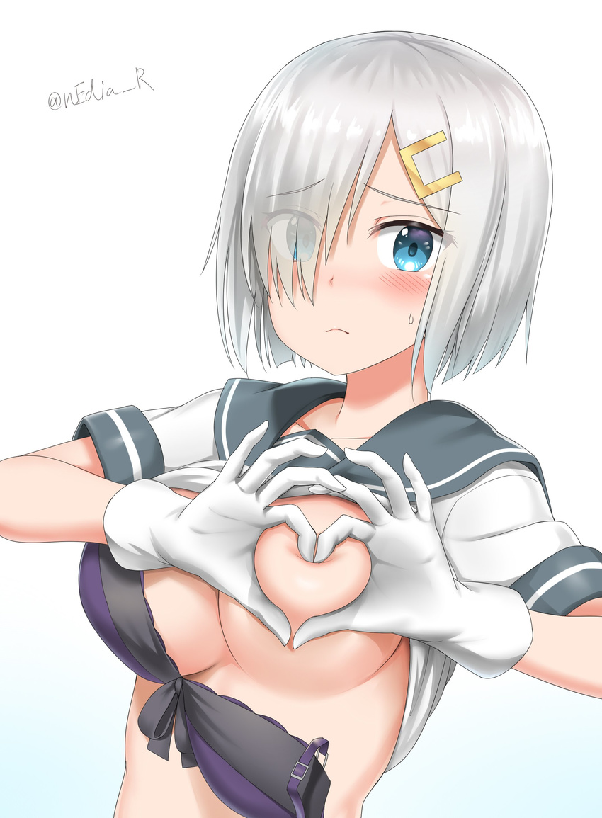absurdres blue_eyes blush bra bra_removed breasts collarbone embarrassed eyebrows_visible_through_hair gloves hair_ornament hair_over_one_eye hairclip hamakaze_(kantai_collection) heart-shaped_boob_challenge highres kantai_collection large_breasts looking_at_viewer nedia_(nedia_region) one_breast_out purple_bra school_uniform serafuku short_hair short_sleeves silver_hair simple_background solo twitter_username underwear upper_body white_background white_gloves