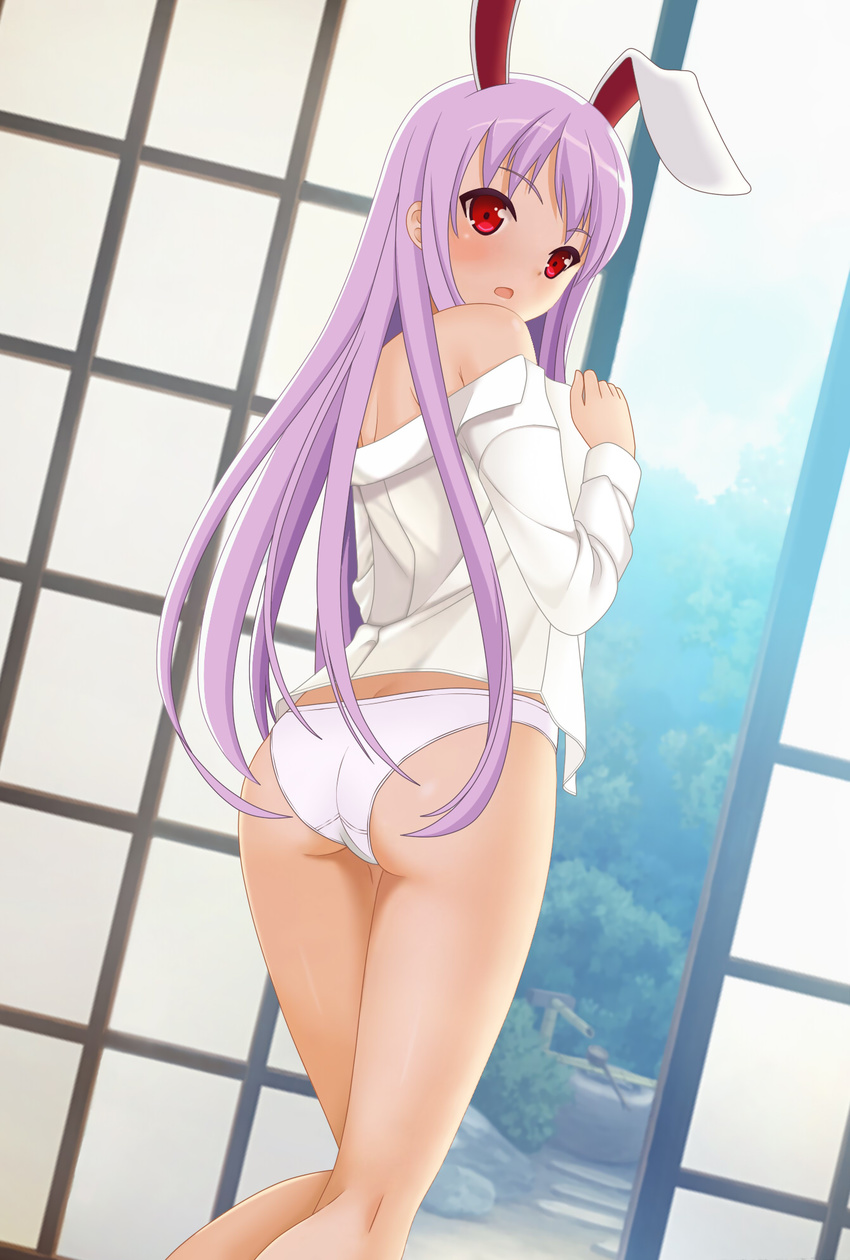 animal_ears ass bare_shoulders blush bunny_ears from_behind highres indoors kneepits legs long_hair looking_back no_pants no_tail off_shoulder open_clothes open_mouth open_shirt panties purple_hair red_eyes reisen_udongein_inaba shirt sliding_doors solo touhou underwear undressing white_panties white_shirt xiansan_ren_ye