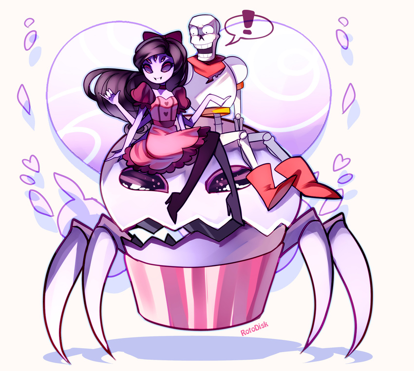 1boy 1girl alternate_costume alternate_hair_length alternate_hairstyle armor commentary dress extra_eyes fangs heart highres insect_girl monster muffet muffet's_pet multiple_arms open_mouth papyrus_(undertale) riding rotodisk scarf simple_background sitting skeleton smile undertale