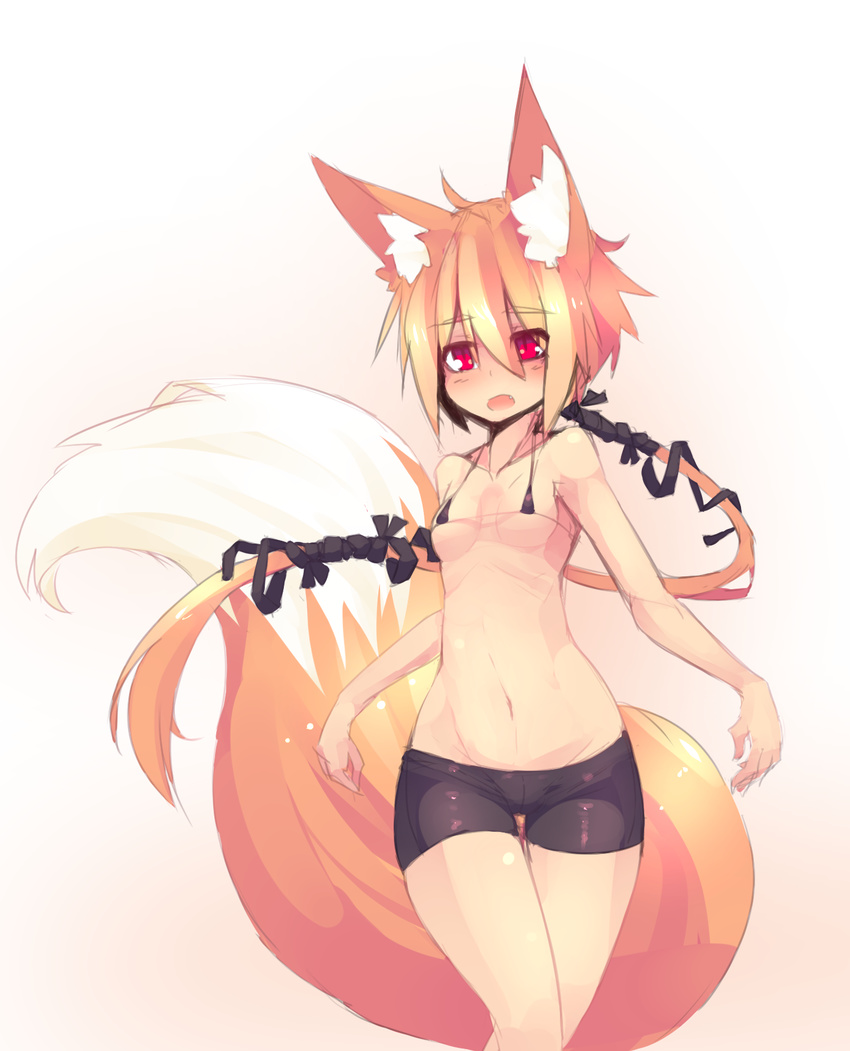 2016 animal_humanoid big_tail bike_shorts blonde_hair blush breasts canine clothed clothing female fox fox_humanoid gradient_background hair hair_tie hi_res huge_tail humanoid inner_ear_fluff long_hair mammal navel open_mouth partially_clothed ponytail red_eyes shorts simple_background skimpy skinny slim slit_pupils small_breasts solo standing sub-res suzu_(sub-res)